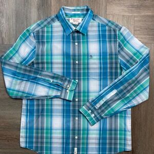 Original Penguin Mens Large Blue Green Plaid Classic Fit Long Sleeve Button Down
